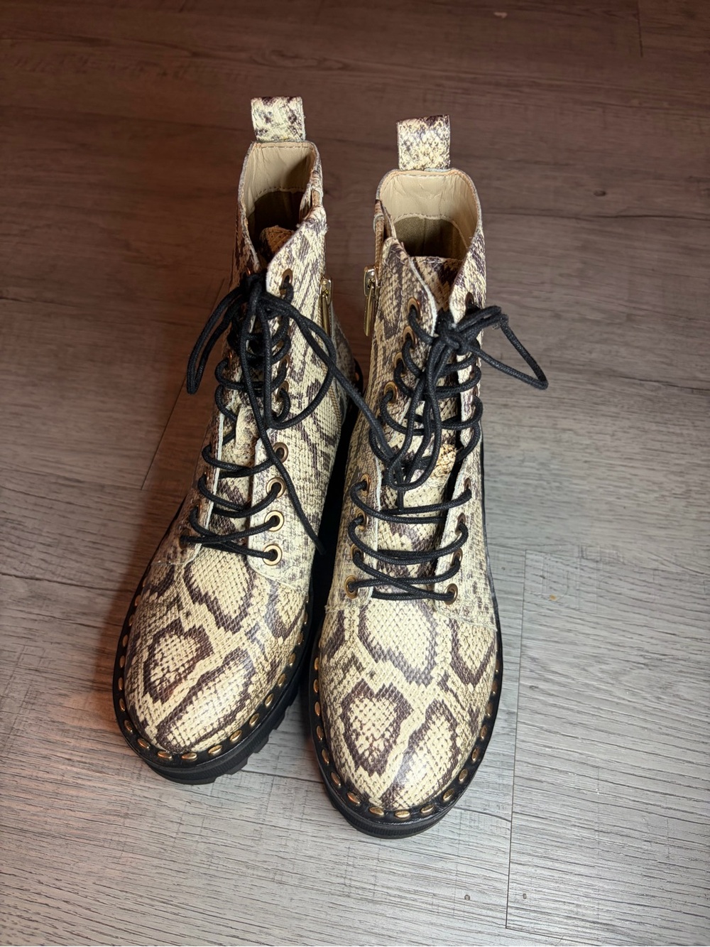 Vince Camuto Snake Print Combat Boots - Beige Brown